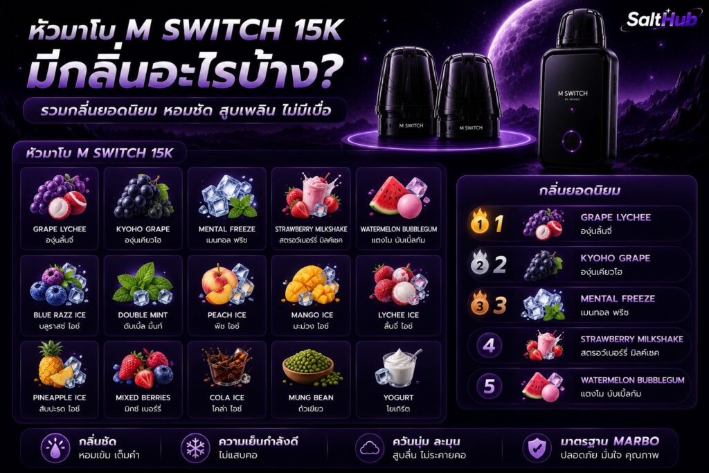 หัวมาโบ 15k มีกลิ่นอะไรบ้าง รวม 16 กลิ่น M Switch 15K กลิ่นไหนดี